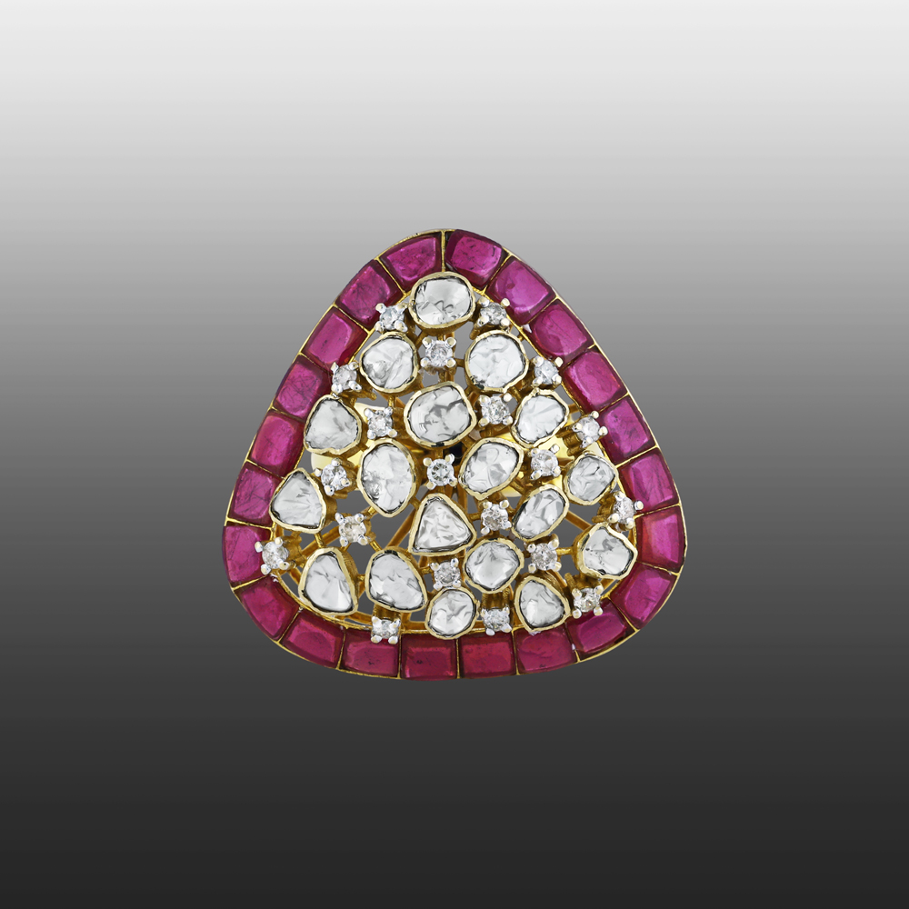 Triangular Polki Ring with Red Talaf and Diamond Cluster